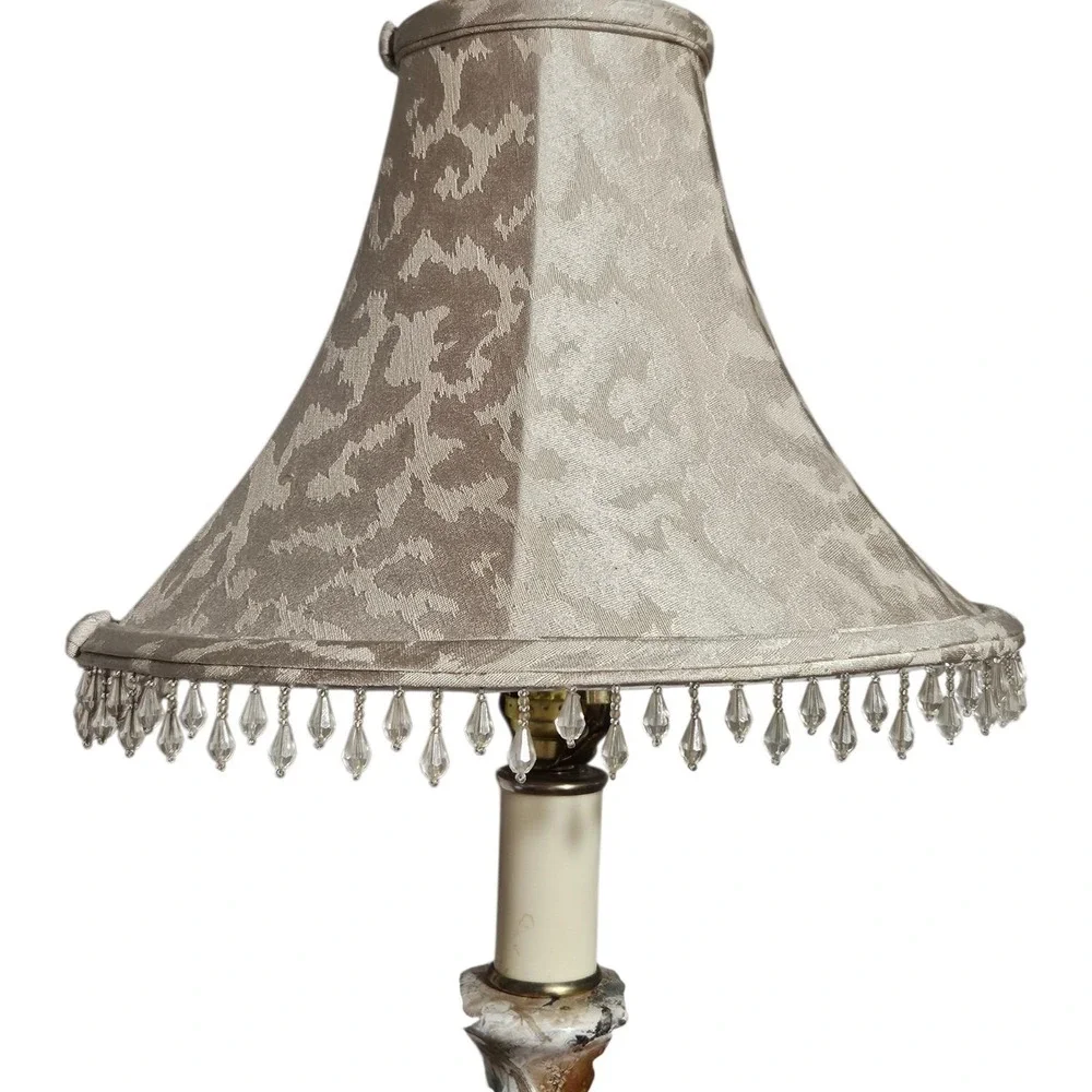 Mid Century Antique Marble Table Lamp W/ Beaded VictorianShade Brass Base Urn